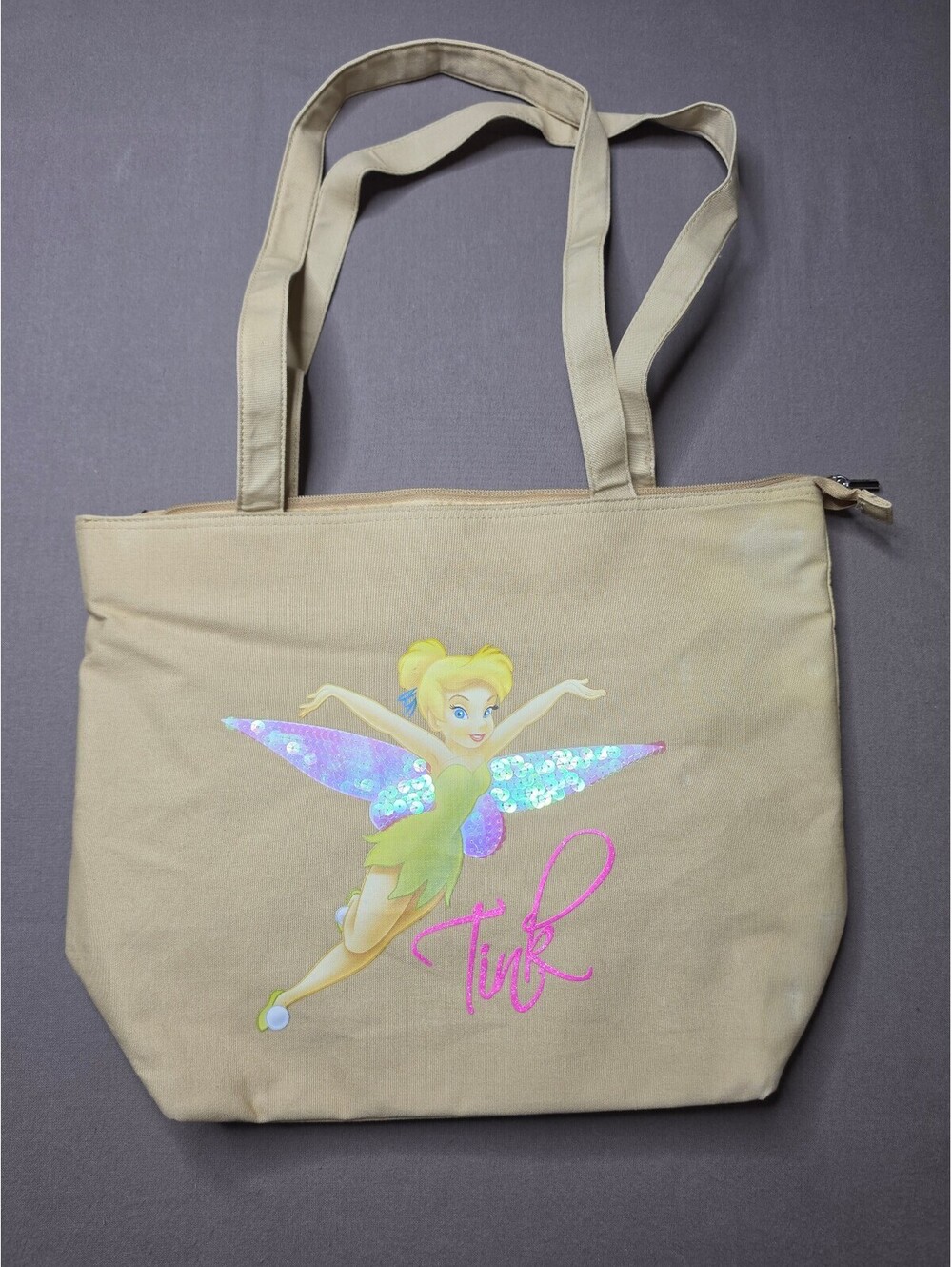 Disney Tinker Bell Tink Sequin Wings Canvas Tote Bag Y2K Fairycore Zip